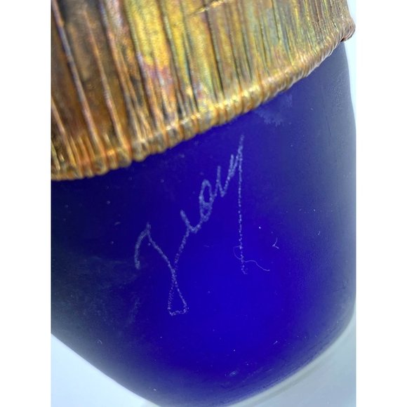 Signed Handblown Cobalt Blue Frosted Art Glass with Golden Metal Wrap Around Dec - Picture 2 of 8